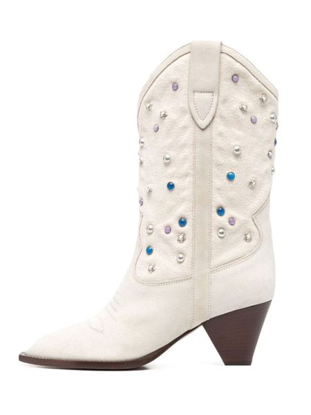 

Milanoo Women's Cone Heel Mid Calf Western Boots in White, Deep blue;ecru white