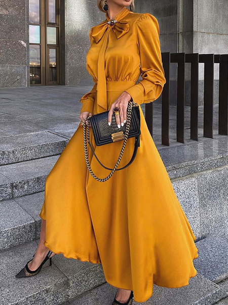 

Milanoo Women Long Dress Orange Yellow Turndown Collar Long Sleeves Polyester Maxi Dress, Red;orange;black