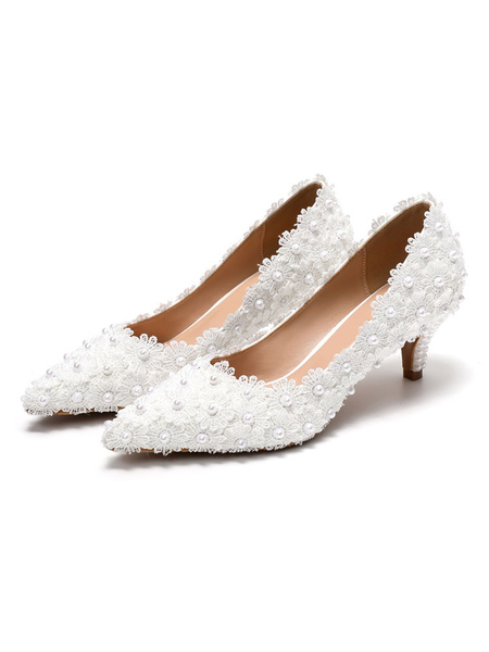 Women′s Lace Pearls Kitten Heel Bridal Pumps in White