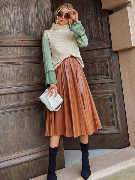 Milanoo Skirt For Women Coffee Brown Pleated Polyester Long Raised Waist Stretch Autumn And Winter L  - buy with discount