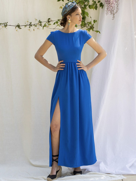 

Milanoo Evening Dress Royal Blue A-Line Jewel Neck Ankle-Length Short Sleeves Backless Split Front S