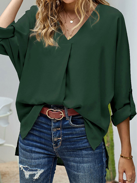 Plus Size Blouse For Women V-Neck Long Sleeves Polyester Casual T-Shirt