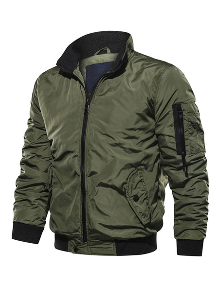 

Milanoo Men Denim Jacket Polyester Modern Stand Collar Long Sleeves Hunter Green Regular Fit Jacket, Black;blue;hunter green;red