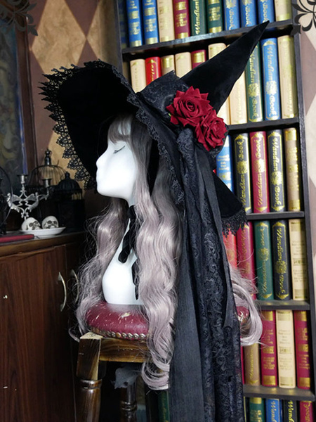 Image of Cappello Lolita nero Fiocchi rosa Accessorio in pizzo Cappello da strega Fiocco in pizzo Accessori Lolita in poliestere