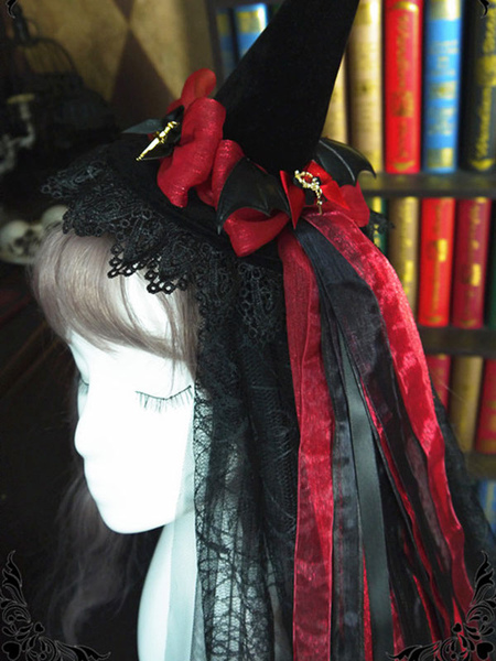 Image of Cappello Lolita nero Cappello da strega Fiocco in pizzo Accessori Lolita in poliestere