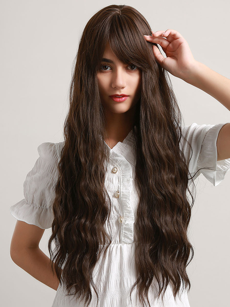 

Milanoo Women Long Wig Coffee Brown Curly Heat Resistant Fiber Long Synthetic Wigs
