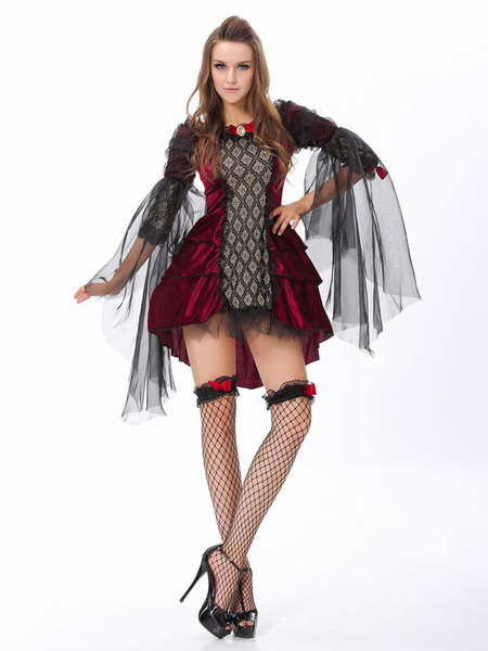 Image of Costumi da vampiro di Halloween per le donne Costumi da festa in pizzo di poliestere maschera sexy bordeaux Set completo