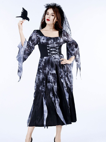 Image of Costumi da sposa fantasma di Halloween per le donne Costumi da festa in pizzo di poliestere con velo nero spaventoso