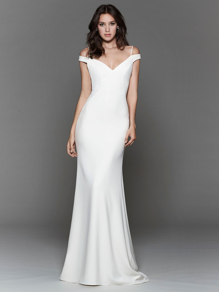Milanoo White Wedding Dress V Neck Sleeveless Natural Waist With Train Stretch Crepe Bridal Mermaid 
