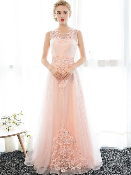 

Milanoo Pink Simple Wedding Dress Ball Gown Jewel Neck Sleeveless Soft Tulle Applique Floor Length B, Salmon