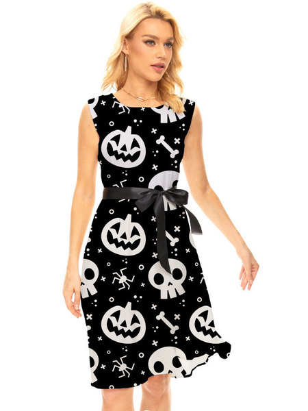 

Milanoo Party Dresses Black Jewel Neck Lace Up Sleeveless Halloween Skull Printed Stretch Semi Forma