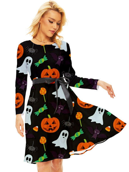 

Milanoo Party Dresses Black Jewel Neck Lace Up Long Sleeves Halloween Printed Stretch Semi Formal Dr