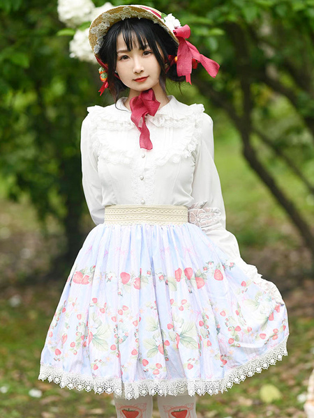 Image of Sweet Lolita Overskirt Dress Fruit Floral Print Gonne Lolita in pizzo celeste chiaro