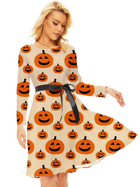 

Milanoo Party Dresses Light Apricot Jewel Neck Lace Up Long Sleeves Halloween Printed Stretch Semi F
