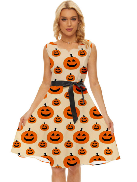 

Milanoo Party Dresses Light Apricot V-Neck Lace Up Sleeveless Halloween Printed Stretch Semi Formal