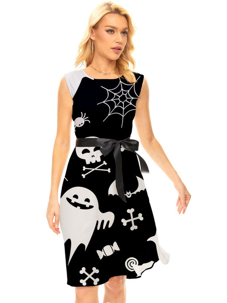 

Milanoo Party Dresses Black Jewel Neck Lace Up Sleeveless Halloween Ghost Printed Stretch Semi Forma