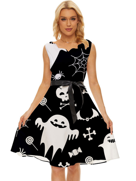 

Milanoo Party Dresses Black V-Neck Lace Up Sleeveless Halloween Ghost Printed Stretch Semi Formal Dr