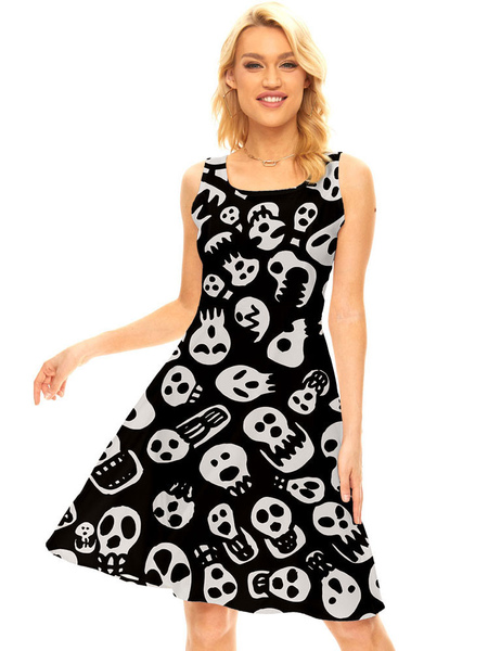 

Milanoo Party Dresses Black Jewel Neck Piping Sleeveless Halloween Printed Stretch Semi Formal Dress