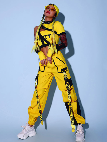 Image of Costumi di danza jazz da donna Guanti in poliestere Abiti gialli in 3 pezzi Abiti hip-hop Abiti da ballo