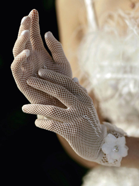 Image of Guanti da sposa avorio Guanti da polso Guanti da sposa con fiori a rete