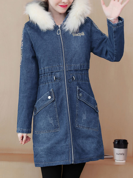 Milanoo Puffer Coats For Women Blue Faux Fur Hooded Long Sleeves Casual Thicken Winter Coat Outerwea  - buy with discount