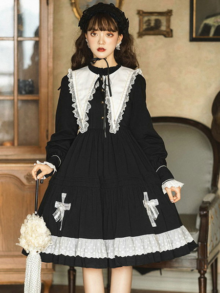 Image of Abito gotico Lolita OP Manica lunga Fiocchi Stampa floreale Abito in cotone nero Lolita a un pezzo