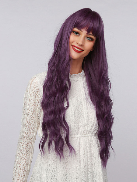 

Milanoo Women Long Wig Purple Curly Heat Resistant Fiber Tousled Long Synthetic Wigs
