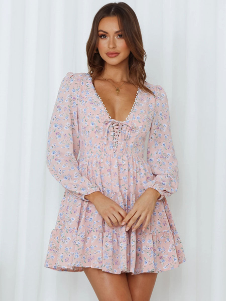 

Milanoo Skater Dresses V Neck Long Sleeves Lace Up Floral Printed Casual Fit And Flare Dress, Pink