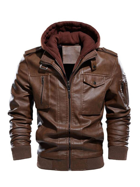 

Milanoo Men' Leather Jackets Color Block Zipper Thicken Windbreaker Fashion Layered Coffee Brown, Deep gray;coffee brown;black