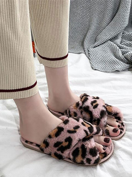 

Milanoo Women's Leopard Print Furry Slippers, Blue;pink;coffee brown;ecru white
