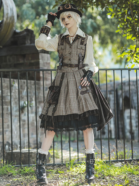 Image of Cardigan Lolita Steampunk Stile Ouji Misto cotone Velluto Dettagli in metallo Soprabito Lolita adorabile marrone