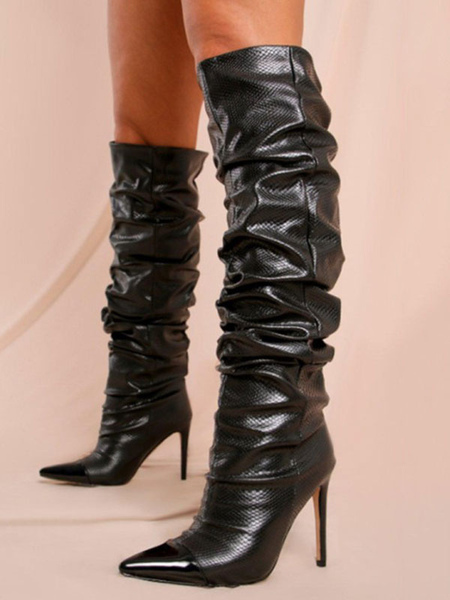 Image of Stivali da donna Stivali a metà polpaccio in pelle PU neri con tacco a spillo e punta a spillo