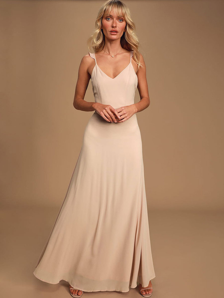 

Milanoo Bridesmaid Dress Champagne V Neck Sleeveless Backless Chiffon A Line Floor Length Prom Dress