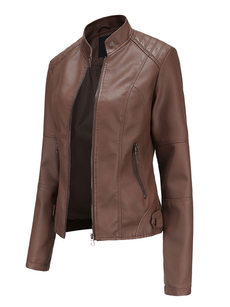 Milanoo Motorcycle Jacket For Women Red Stand Collar Long Sleeves PU Leather Wind Proof Short Jacket