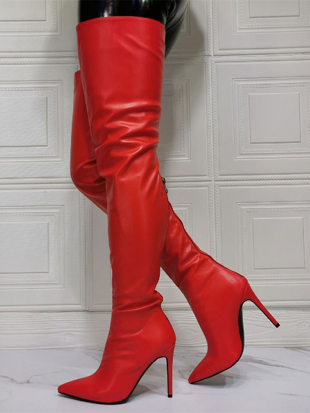 Image of Stivali sopra il ginocchio da donna Stivali alti alla coscia rossi in pelle PU con tacco a spillo taglie forti