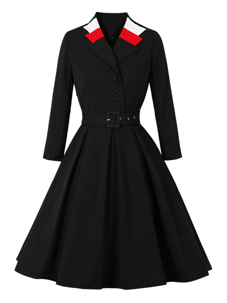 

Milanoo 1950s Retro Dress V Neck Turndown Collar Pleated Stretch Long Sleeves Long Swing Dress, Black