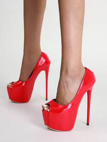 Image of Donne con tacco alto Pompe in pelle PU in pelle rossa peep toe tacco alto scarpe da sera scarpe da sera