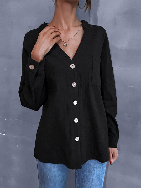 

Milanoo Shirt For Women Black Buttons Pockets V Neck Casual Long Sleeves Polyester Oversized Cardiga