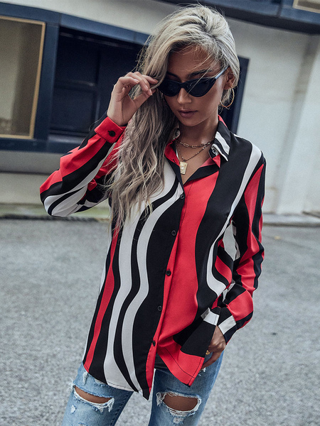 Image of Camicetta per donna Camicia oversize a maniche lunghe in poliestere rosso con colletto rovesciato a righe casual