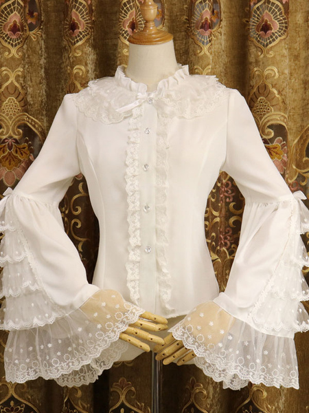 Image of Camicette Lolita bianche Maniche lunghe in pizzo con volant Lolita Top Lolita Shirt