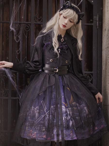 Image of Abito Gothic Lolita JSK Set di 3 pezzi Maglione copricostume in poliestere Gonna Lolita nera