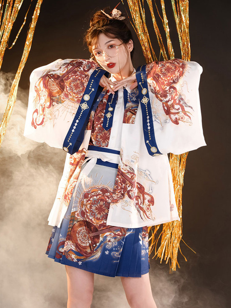 Image of Stile cinese lolita op dress 3 pezzi set a maniche lunghe blu modello stampa floreale stampa lolita vestito