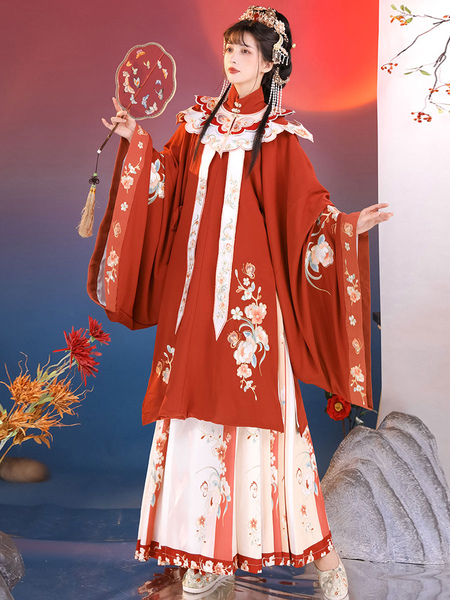Image of Abito Lolita OP in stile cinese Set 3 pezzi Abito Lolita con stampa floreale a maniche lunghe rosse