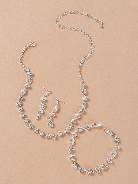 Image of Set di gioielli da 3 pezzi in lega di strass bianco collana orecchini braccialetto gioielli outfit