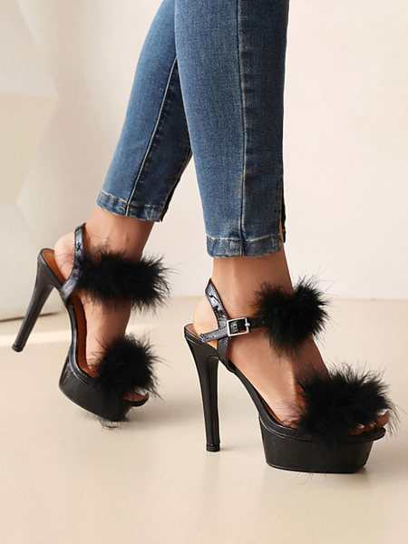 Women′s Platform Furry Stiletto Heel Sandals Prom Shoes