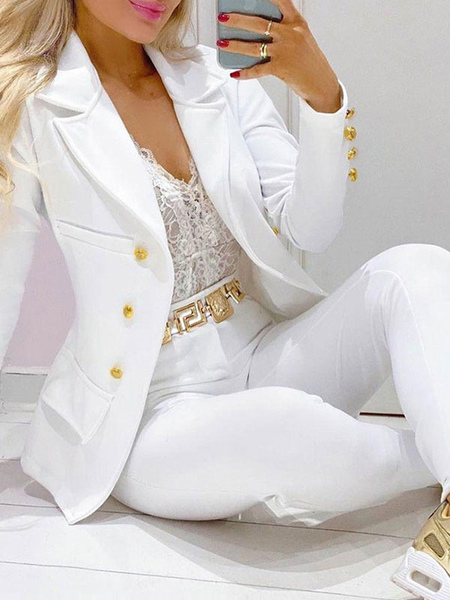 Image of Completo da due pezzi in poliestere bianco con scollo a V bottoni maniche lunghe blazer cappotto pantaloni casual donna outfit