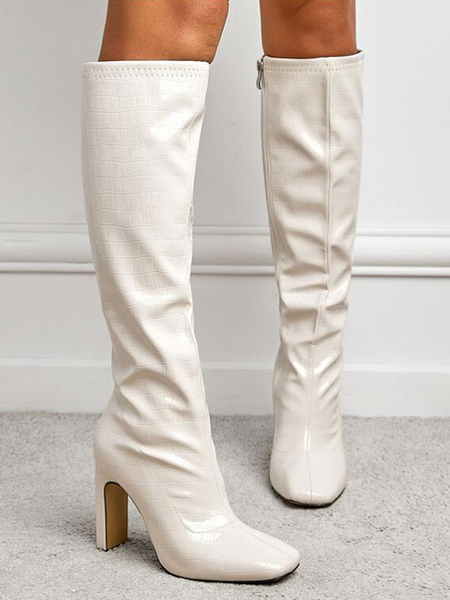 Image of Stivali da donna Stivali bianchi in pelle PU con tacco largo e punta quadrata