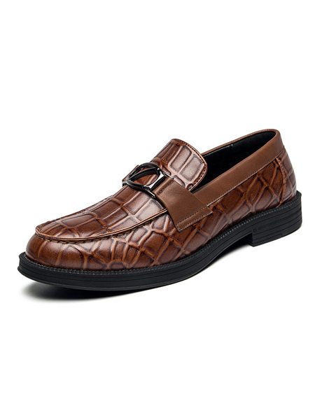 Image of Scarpe da uomo mocassini slip on dettagli in metallo plaid punta tonda in pelle PU marrone mocassini scarpe da ballo