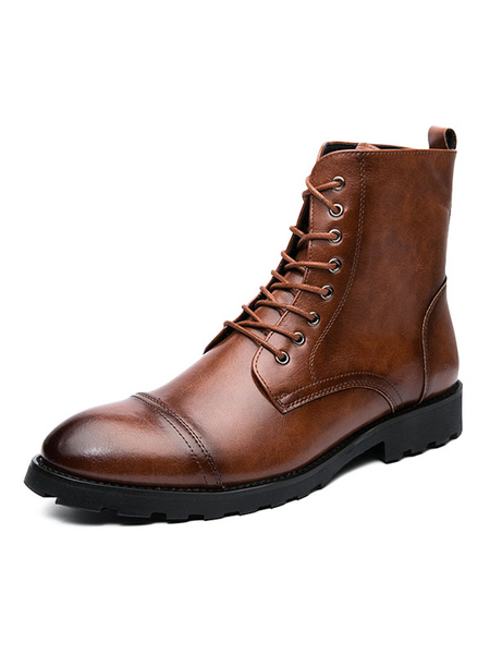 Men Boots PU Leather Round Toe Lace Up Brown Martin Boots