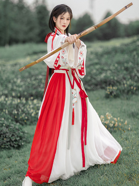 Image of Abito Lolita in stile cinese Set di 2 pezzi Abito lungo Lolita in poliestere stampato floreale a maniche lunghe bianco rosso